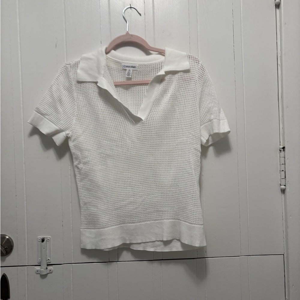 Calvin Klein White Mesh Collared Sweater